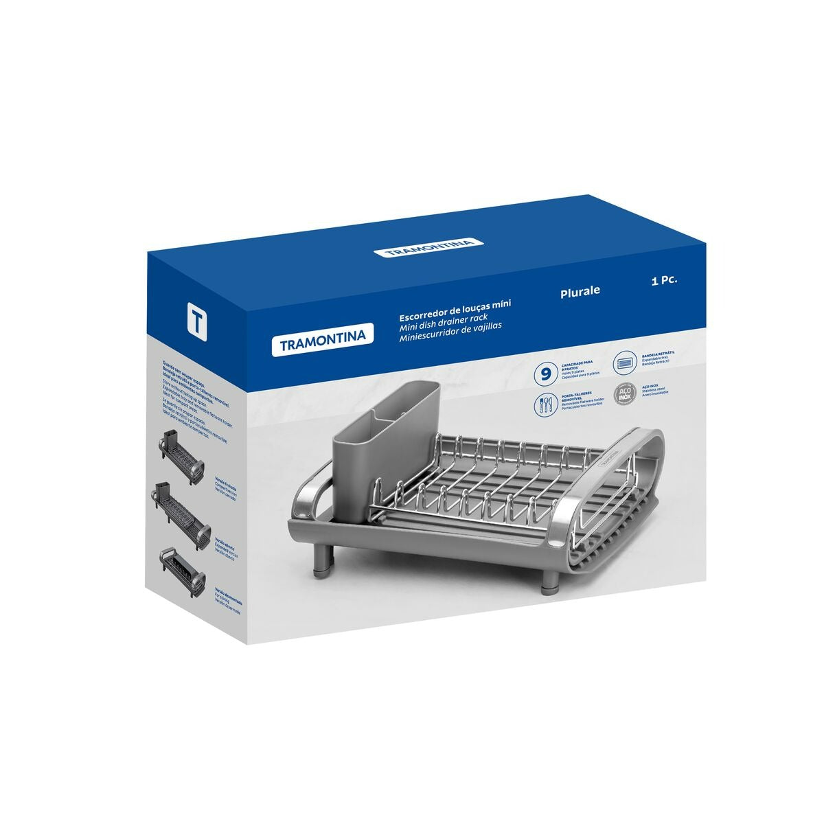 Escorredor de Louça míni Tramontina Plurale em Aço Inox com Secador e Porta Talheres Grafite