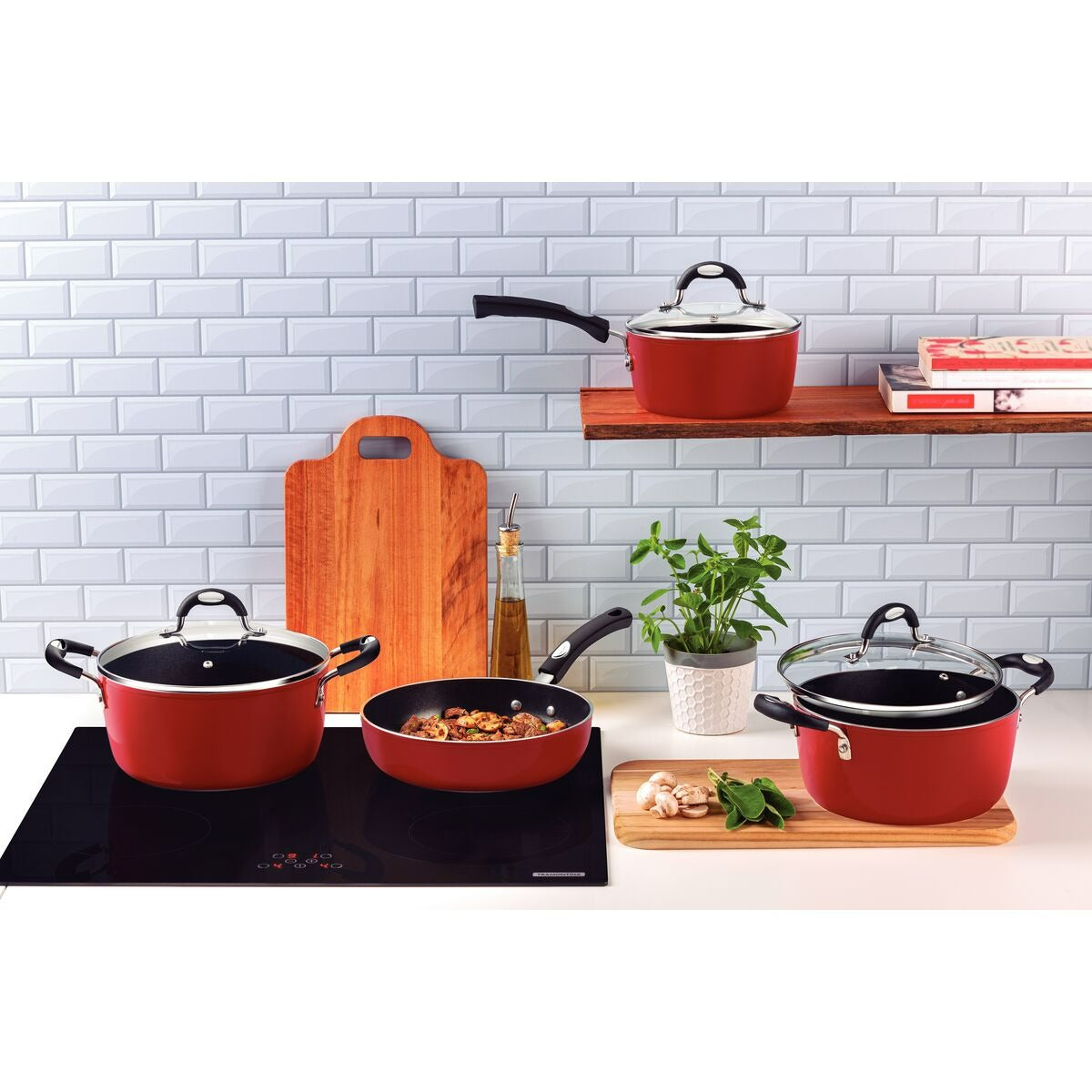 Jogo de Panelas Tramontina Mônaco Induction em Alumínio com Revestimento Interno Antiaderente Starflon Premium e Externo Siliconado Vermelho 4 Peças