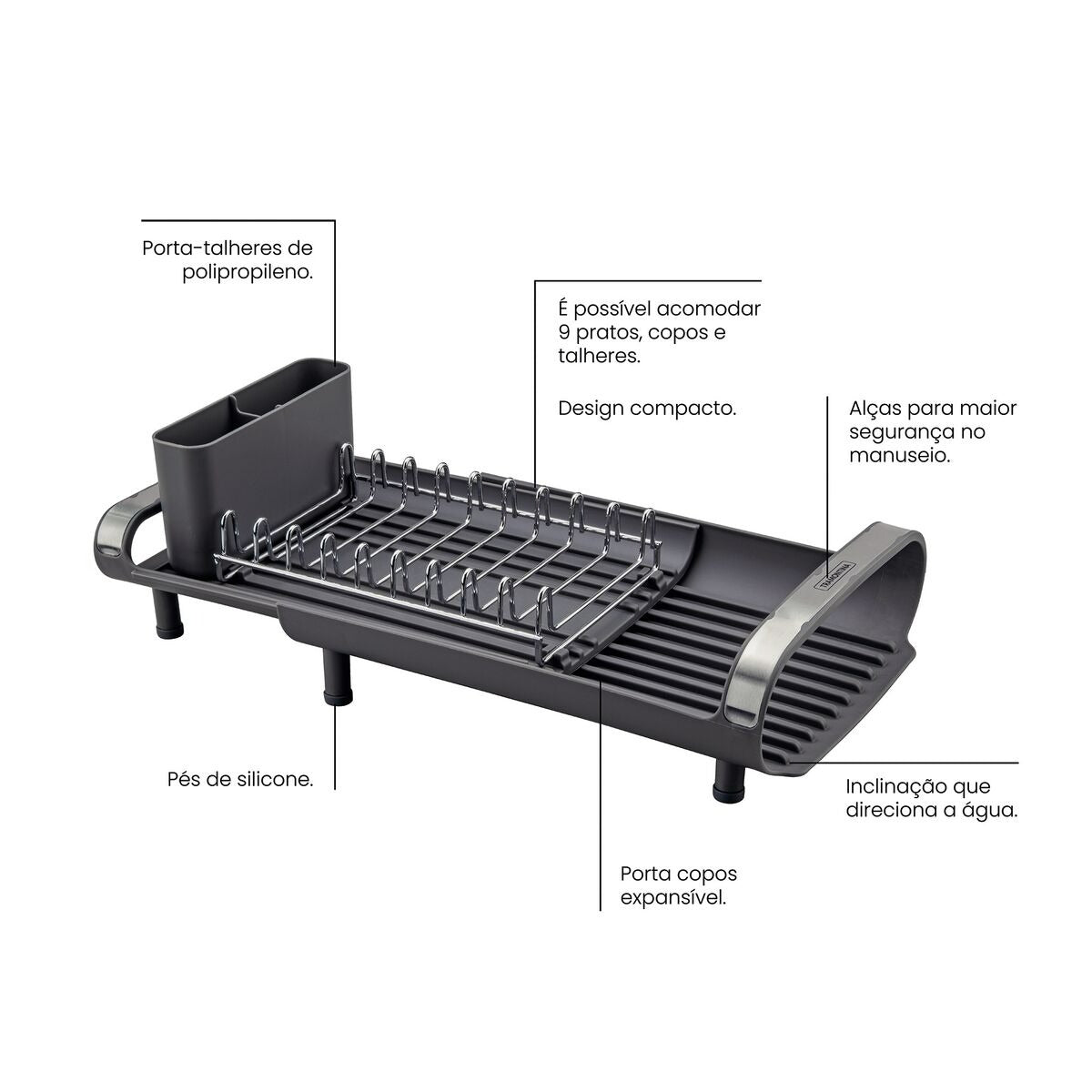 Escorredor de Louça míni Tramontina Plurale em Aço Inox com Secador e Porta Talheres Grafite