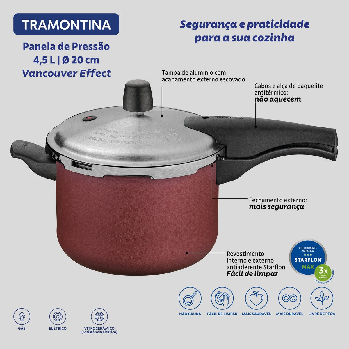 Panela de Pressão Tramontina Vancouver Effect em Alumínio com Revestimento Interno e Externo em Antiaderente Starflon Max Vermelho 20 cm 4,5 L