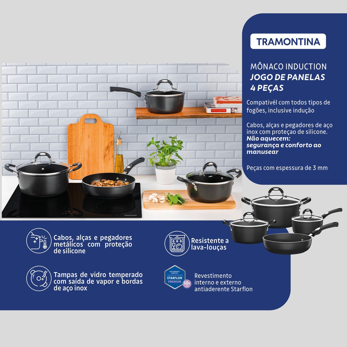 Jogo de Panelas Tramontina Mônaco Induction em Alumínio com Revestimento Interno Antiaderente Starflon Premium e Externo Siliconado Vermelho 4 Peças