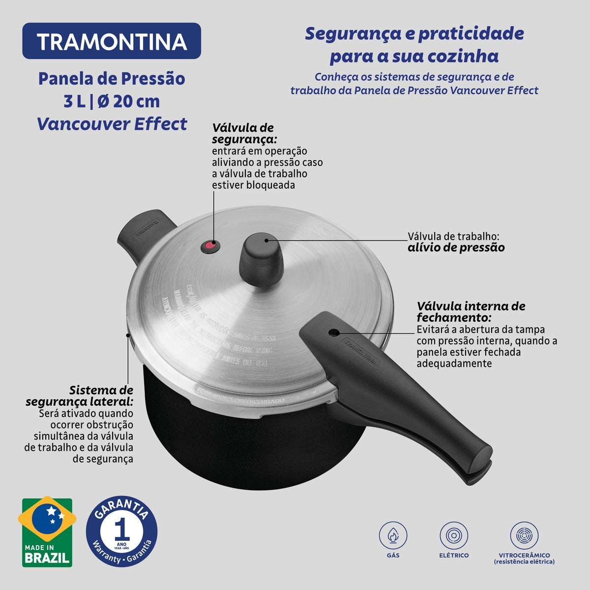 Panela de Pressão Tramontina Vancouver em Alumínio com Revestimento Interno e Externo Antiaderente Starflon Max Preto / Vermelho20 cm 3 L