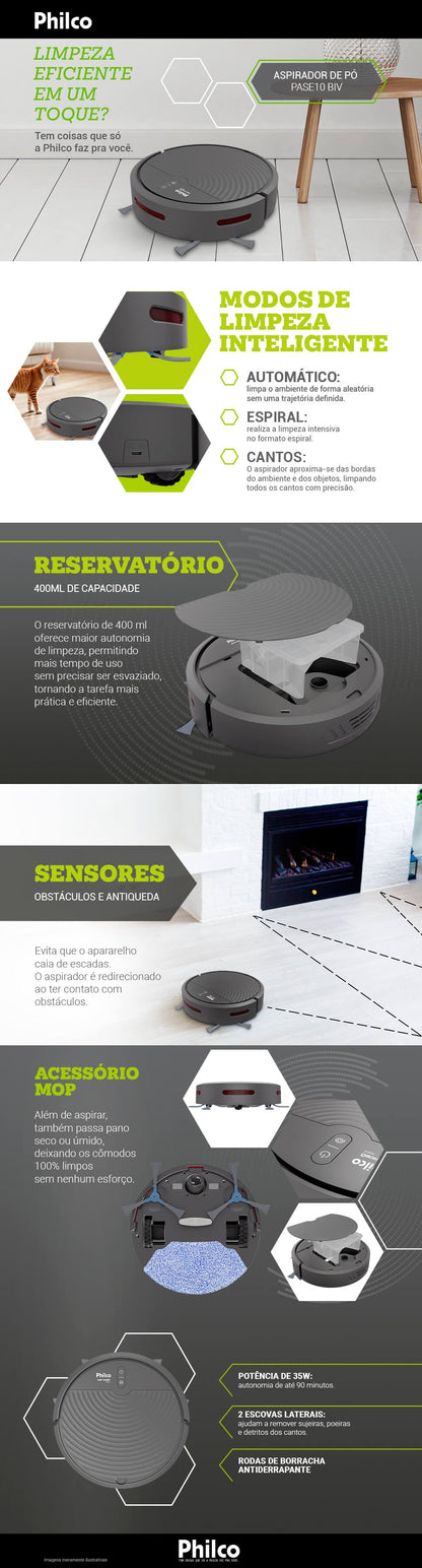 Aspirador Robô Philco Função MOP Seco Antiqueda PASE10