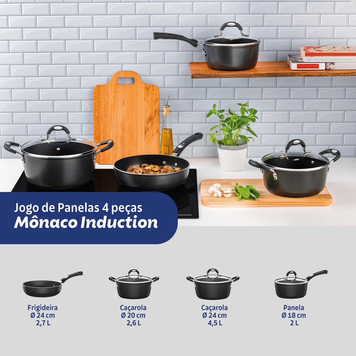 Jogo de Panelas Tramontina Mônaco Induction em Alumínio com Revestimento Interno Antiaderente Starflon Premium e Externo Siliconado Vermelho 4 Peças