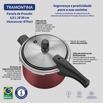 Panela de Pressão Tramontina Vancouver Effect em Alumínio com Revestimento Interno e Externo em Antiaderente Starflon Max Vermelho 20 cm 4,5 L