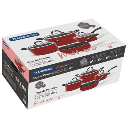 Jogo de Panelas Tramontina Mônaco Induction em Alumínio com Revestimento Interno Antiaderente Starflon Premium e Externo Siliconado Vermelho 4 Peças