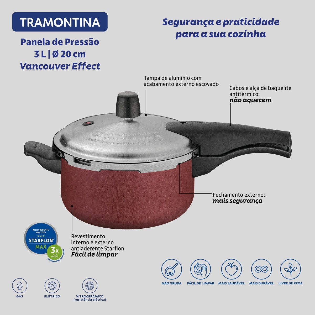 Panela de Pressão Tramontina Vancouver em Alumínio com Revestimento Interno e Externo Antiaderente Starflon Max Preto / Vermelho20 cm 3 L