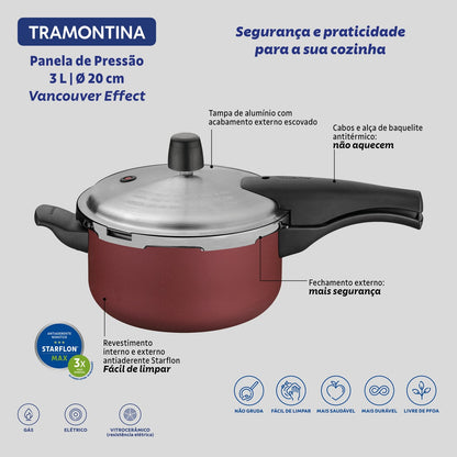 Panela de Pressão Tramontina Vancouver em Alumínio com Revestimento Interno e Externo Antiaderente Starflon Max Preto / Vermelho20 cm 3 L