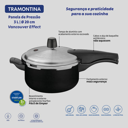 Panela de Pressão Tramontina Vancouver em Alumínio com Revestimento Interno e Externo Antiaderente Starflon Max Preto / Vermelho20 cm 3 L